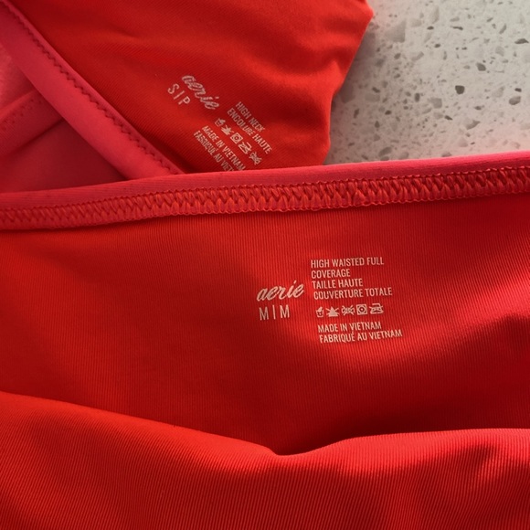 AERIE coral salmon halter retro bikini swimsuit bathingsuit lace insert S/M - Picture 2 of 3